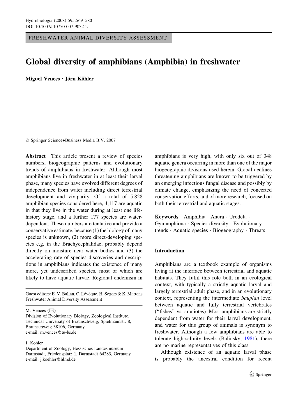 Global Diversity of Amphibians (Amphibia) in Freshwater