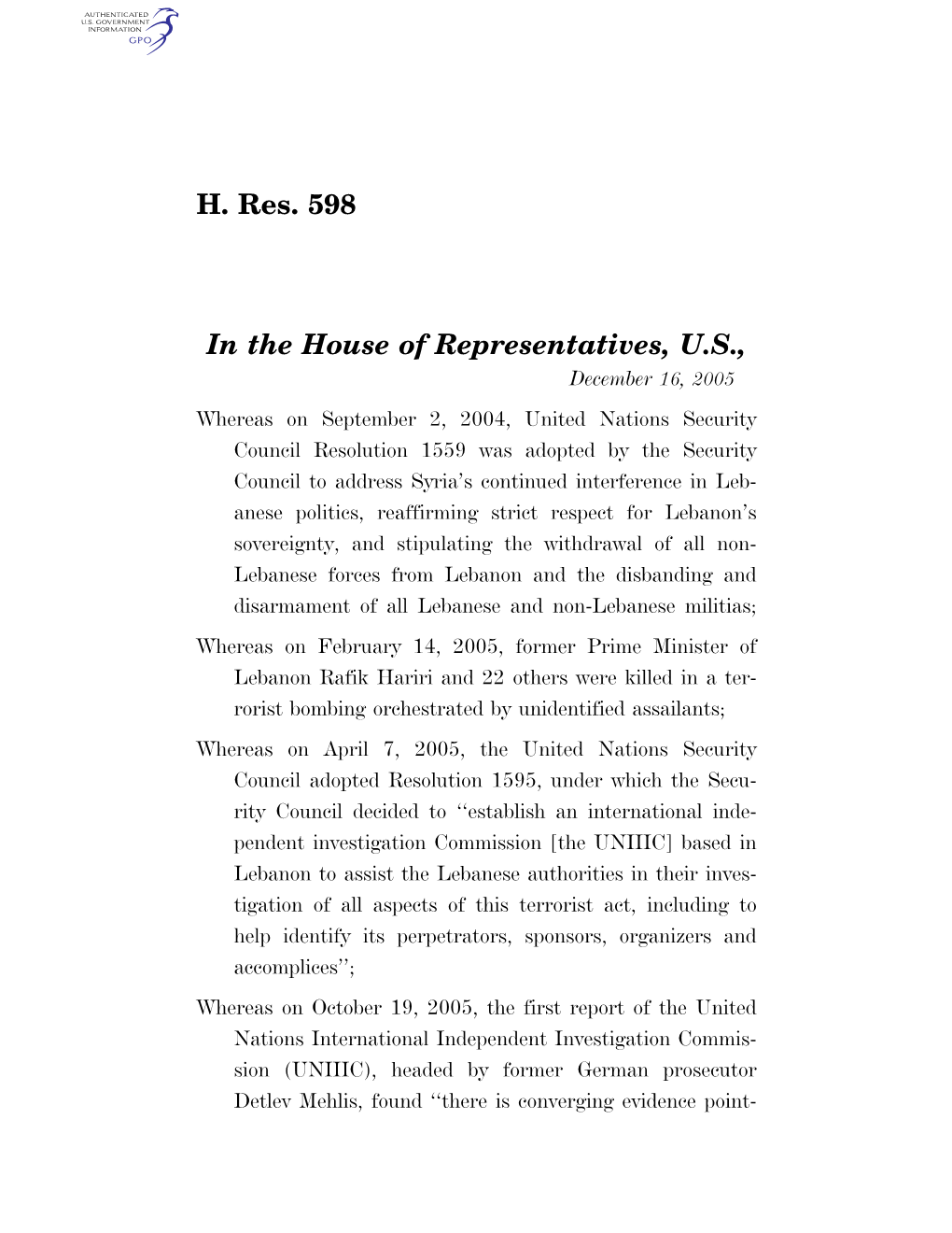 H. Res. 598 in the House of Representatives, U.S