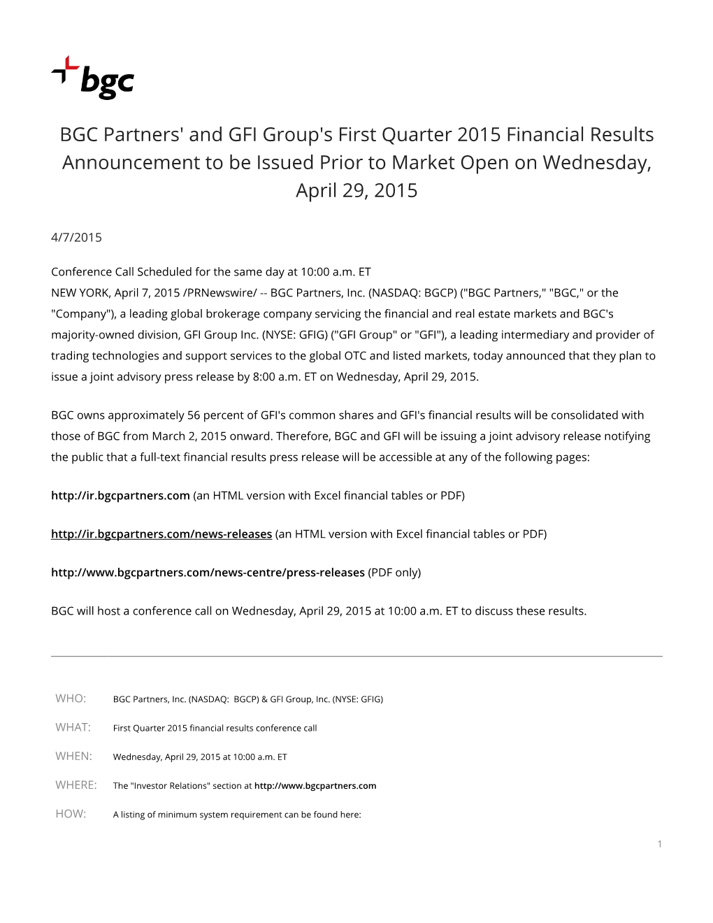 BGC Partners' and GFI Group's First Quarter 2015 Financial Results Announcement to Be Issued Prior to Market Open on Wednesday, April 29, 2015