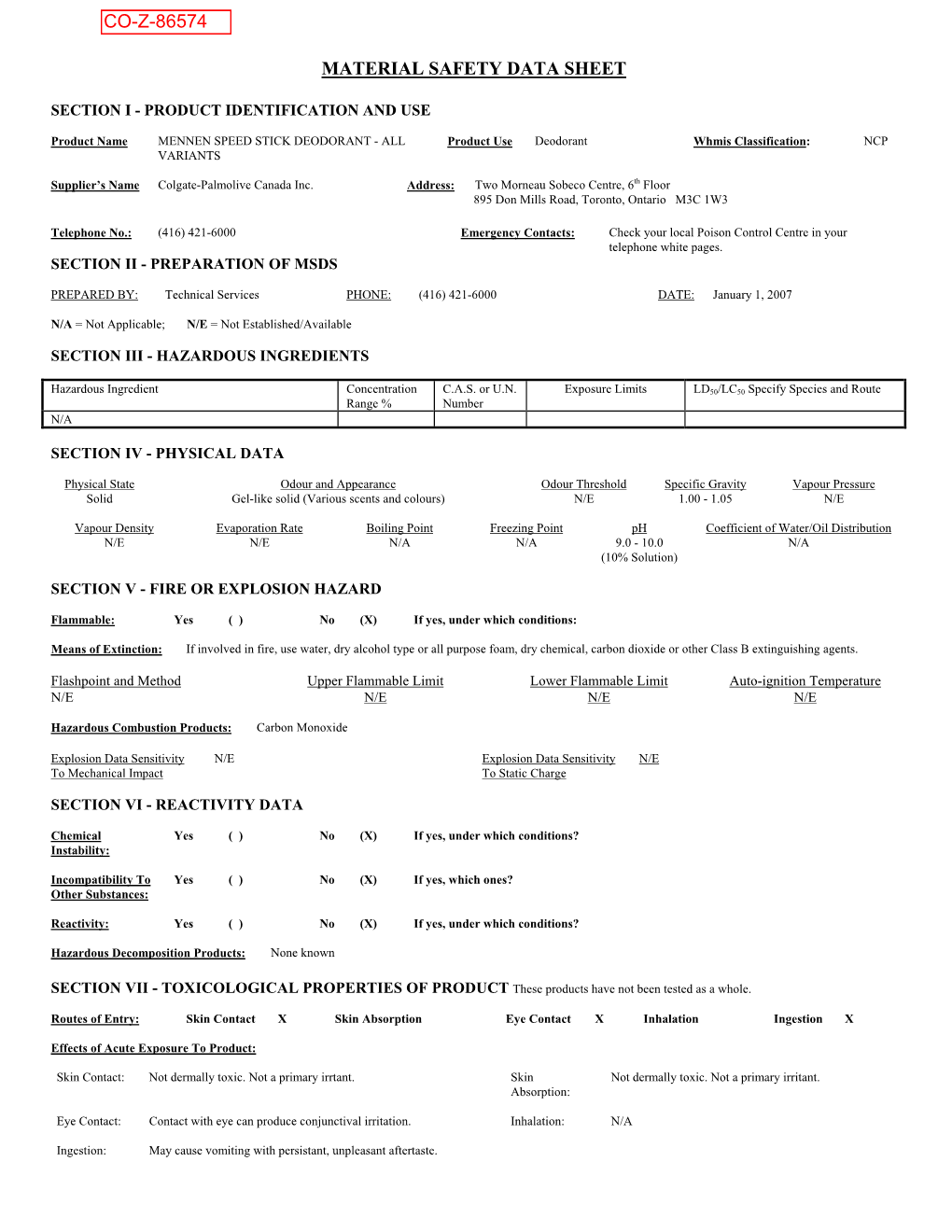 Material Safety Data Sheet