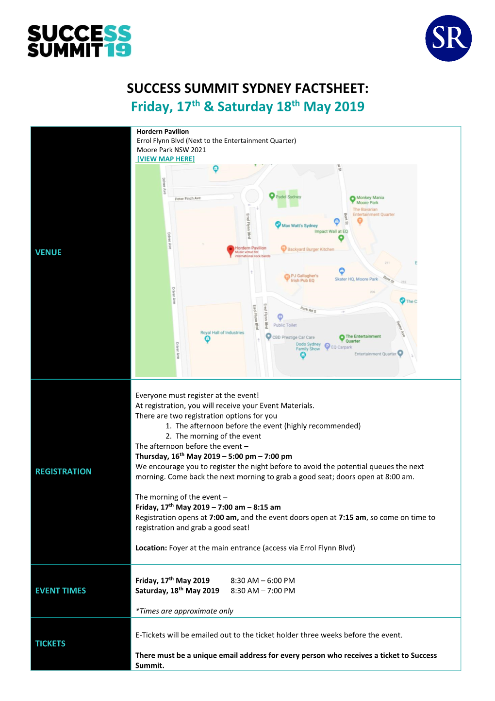 SUCCESS SUMMIT SYDNEY FACTSHEET: Friday, 17Th & Saturday 18Th May 2019