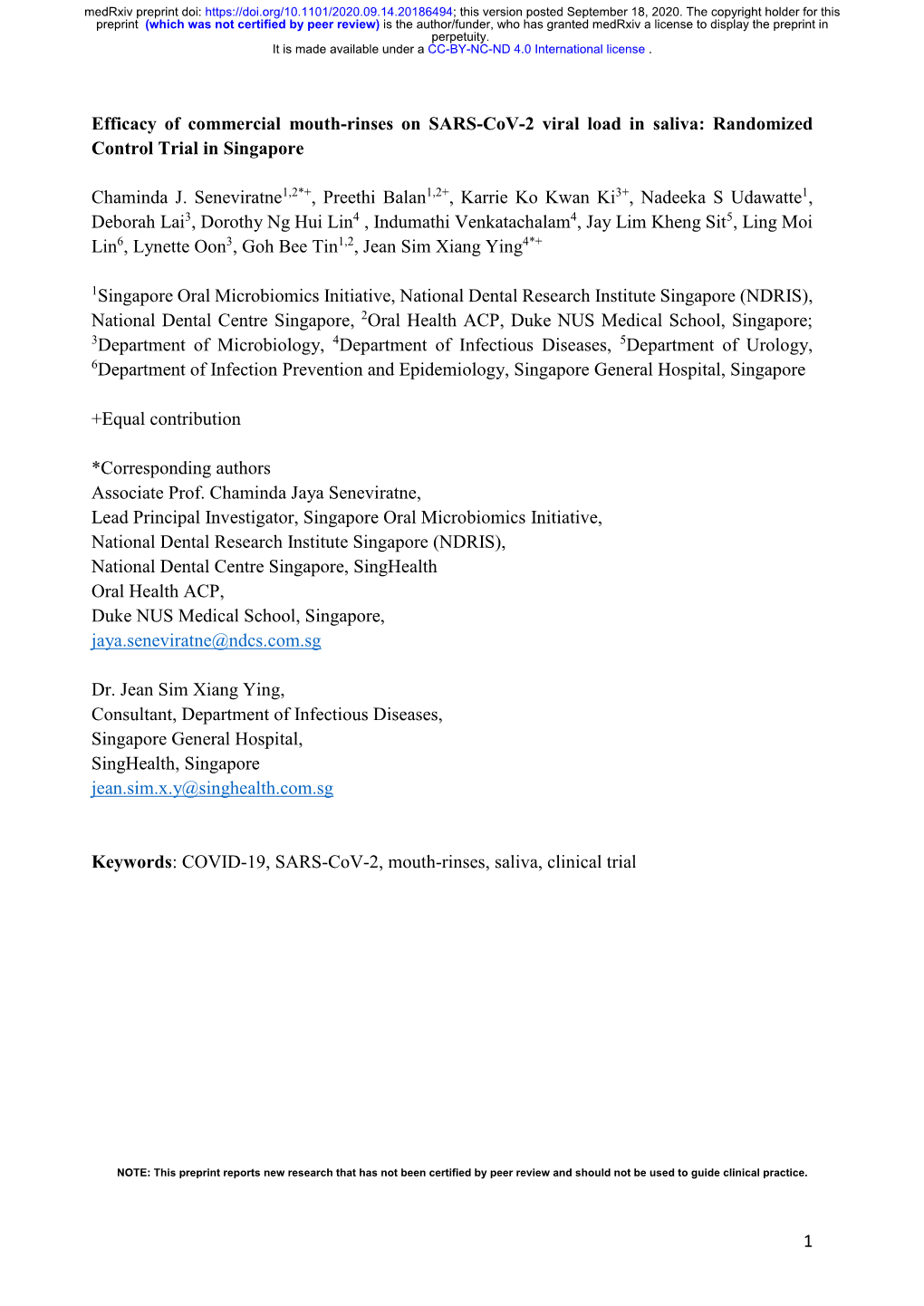 Efficacy of Commercial Mouth-Rinses on SARS-Cov-2 Viral Load in Saliva: Randomized Control Trial in Singapore