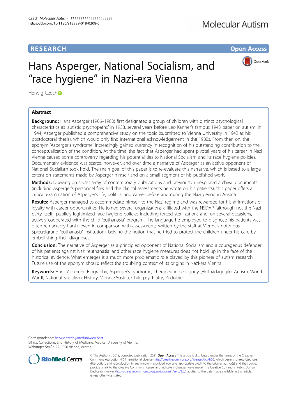 Hans Asperger, National Socialism, and “Race Hygiene” in Nazi-Era Vienna Herwig Czech