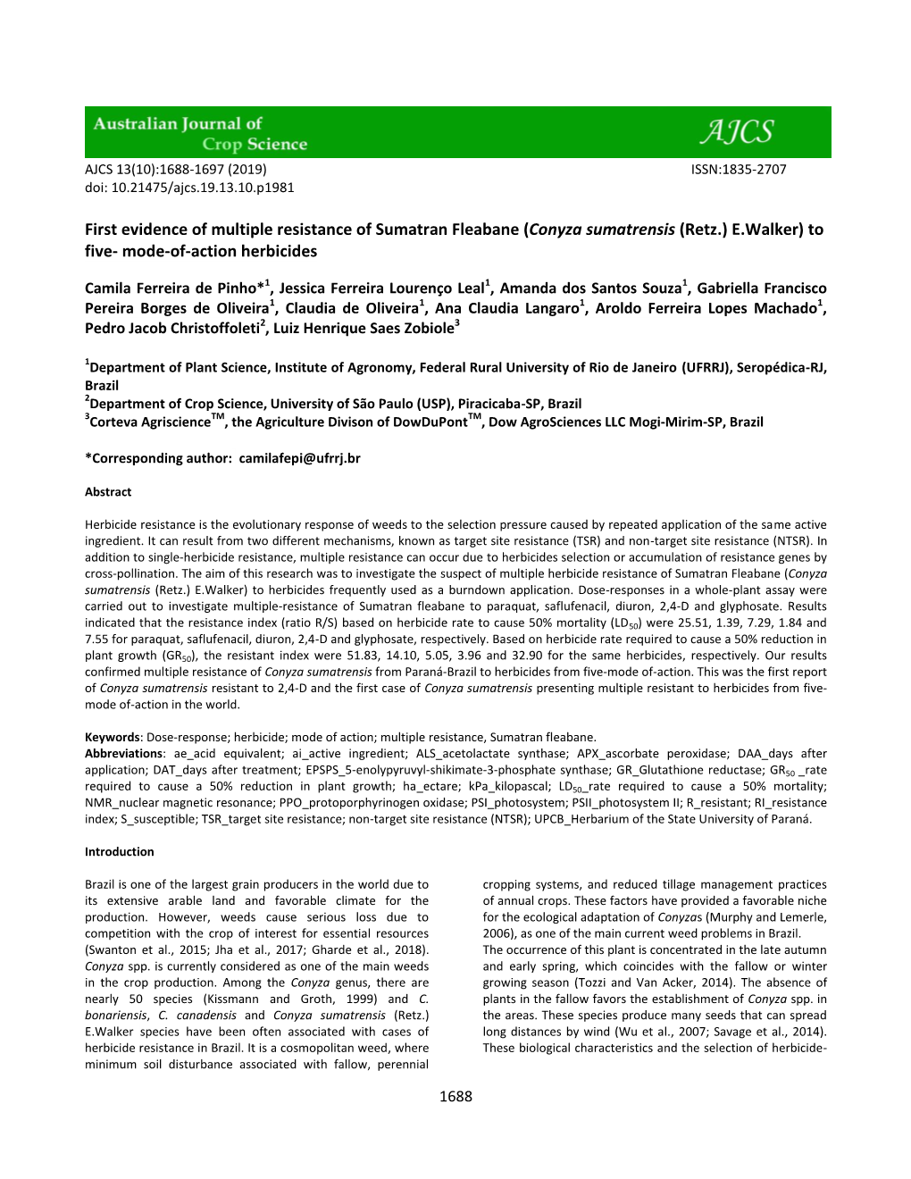 First Evidence of Multiple Resistance of Sumatran Fleabane (Conyza Sumatrensis (Retz.) E.Walker) to Five- Mode-Of-Action Herbicides