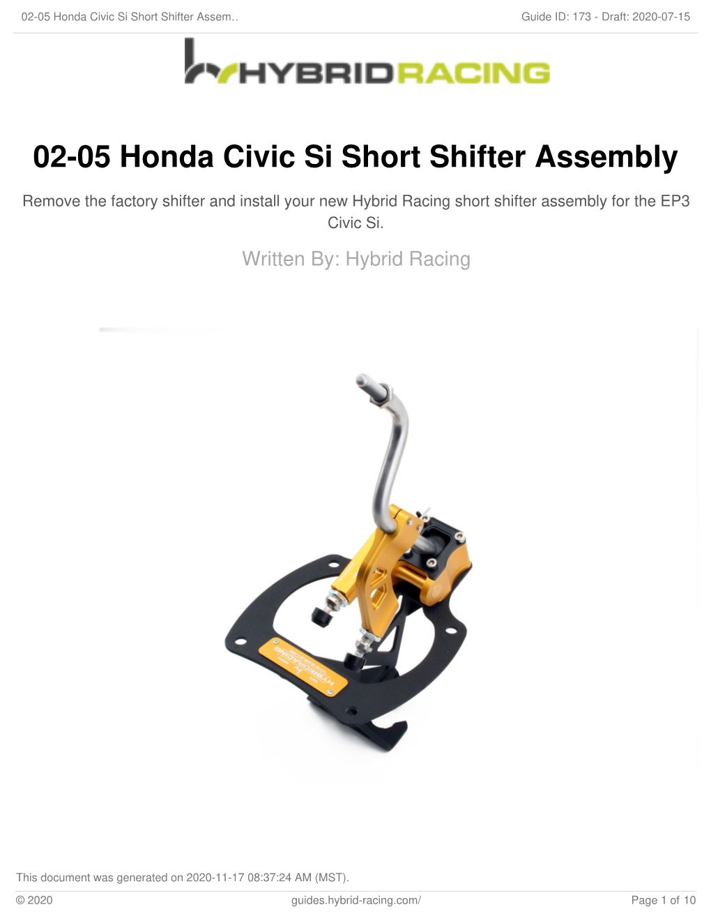 02-05 Honda Civic Si Short Shifter Assembly
