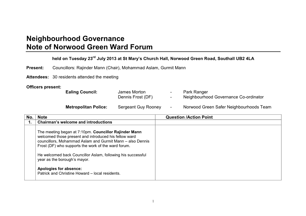 Neighbourhood Governance Note of Norwood Green Ward Forum