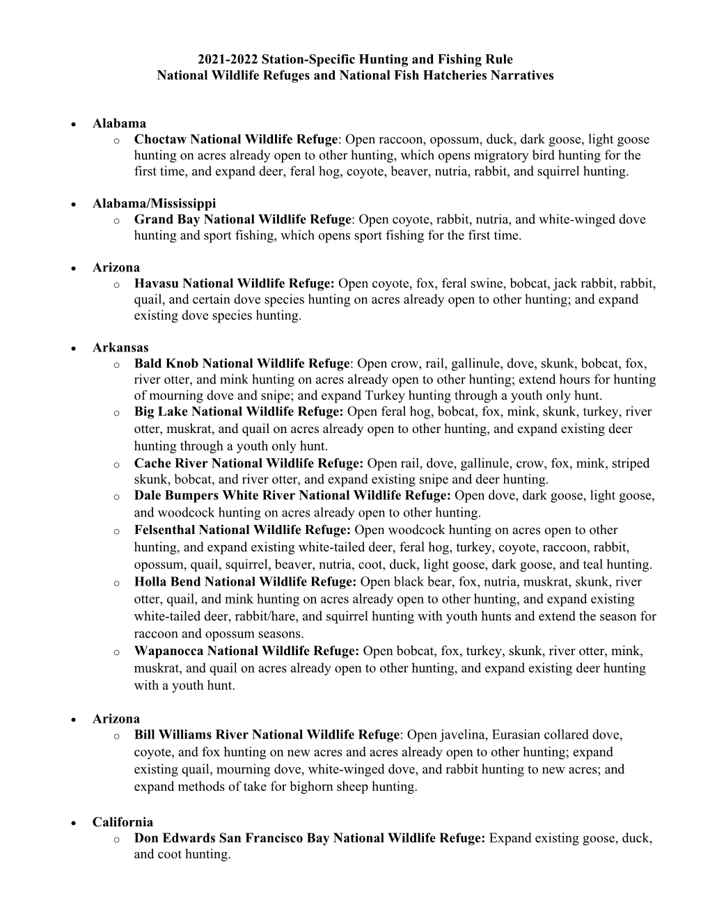 2021-2022 Station-Specific Hunting and Fishing Rule National Wildlife Refuges and National Fish Hatcheries Narratives