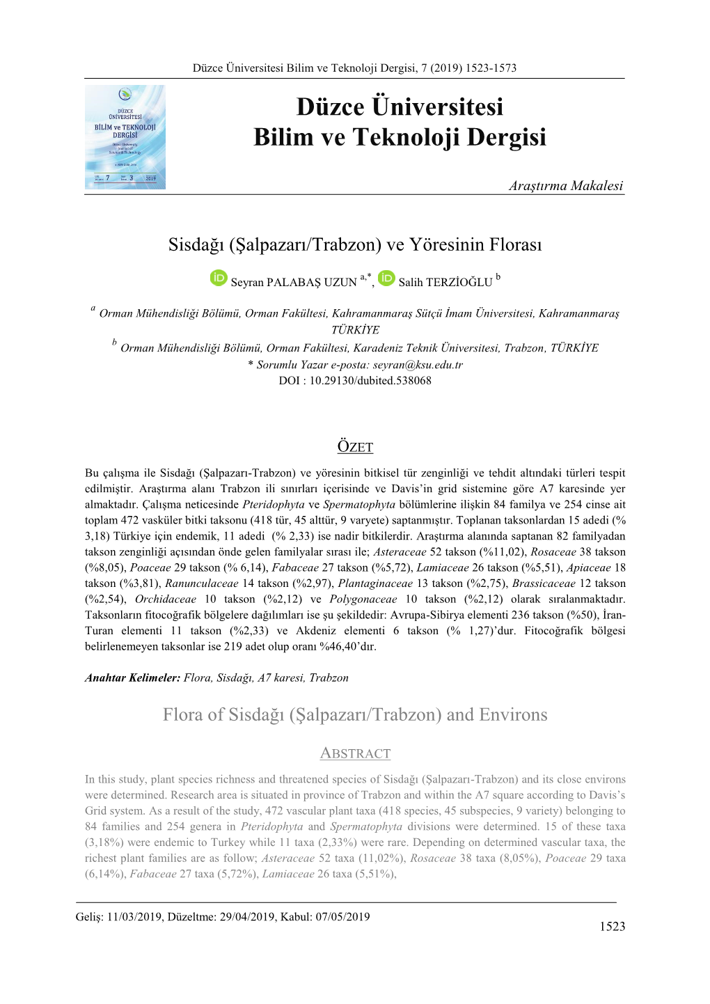 Düzce Üniversitesi Bilim Ve Teknoloji Dergisi, 7 (2019) 1523-1573