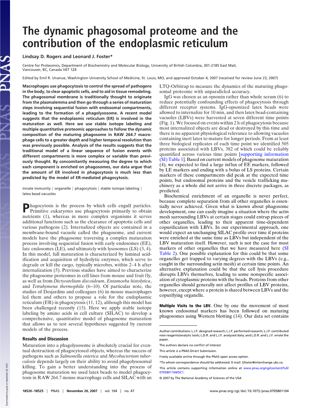 The Dynamic Phagosomal Proteome and the Contribution of the Endoplasmic Reticulum