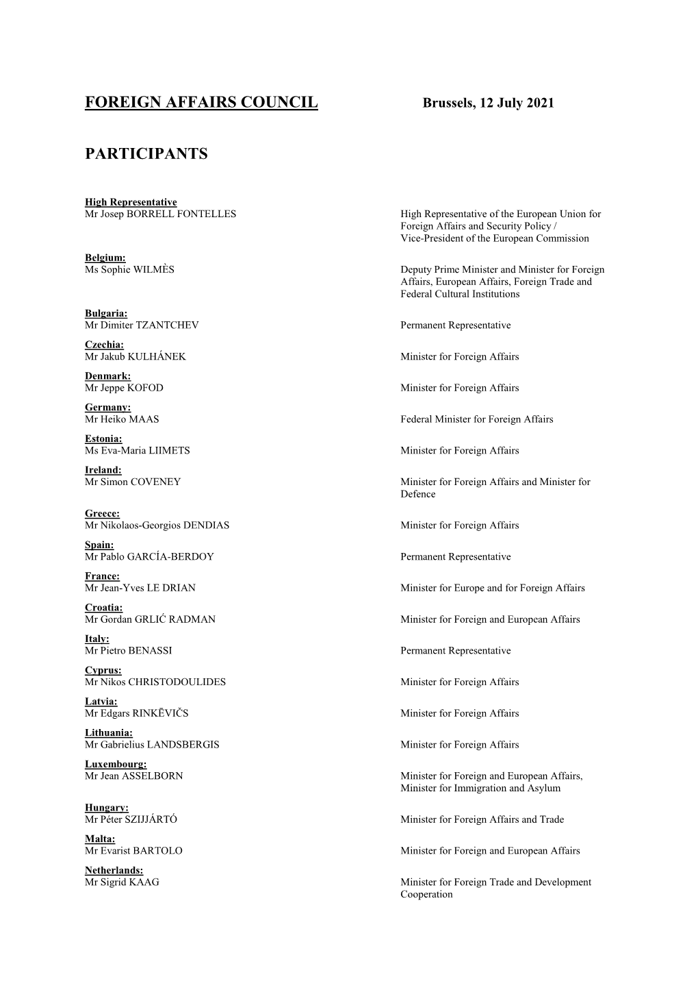 Foreign Affairs Council Participants