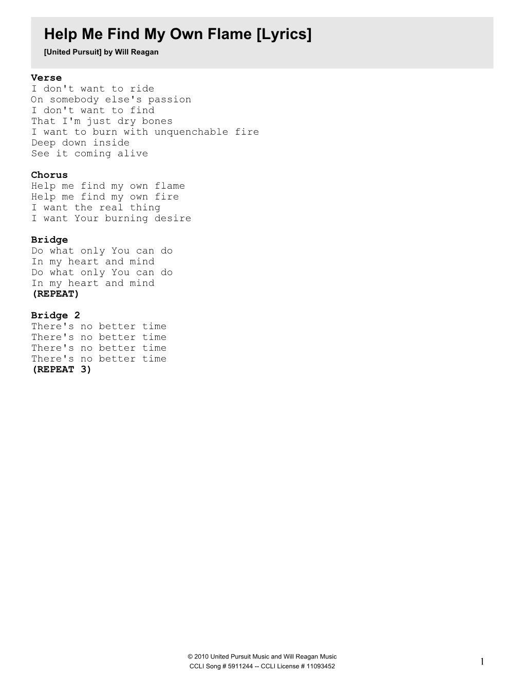 Help Me Find My Own Flame [Lyrics] [United Pursuit] by Will Reagan