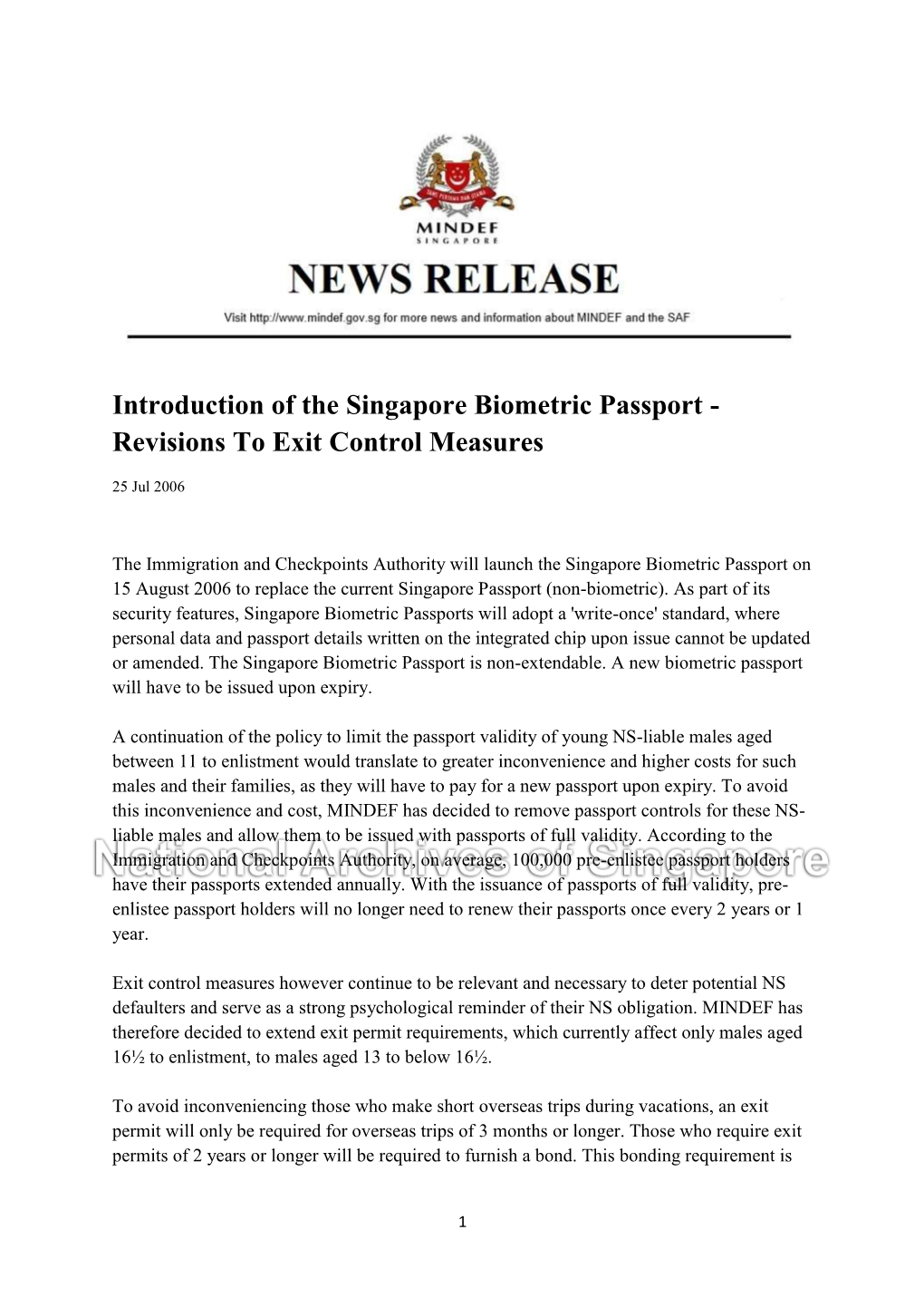 Introduction of the Singapore Biometric Passport - Revisions to Exit Control Measures