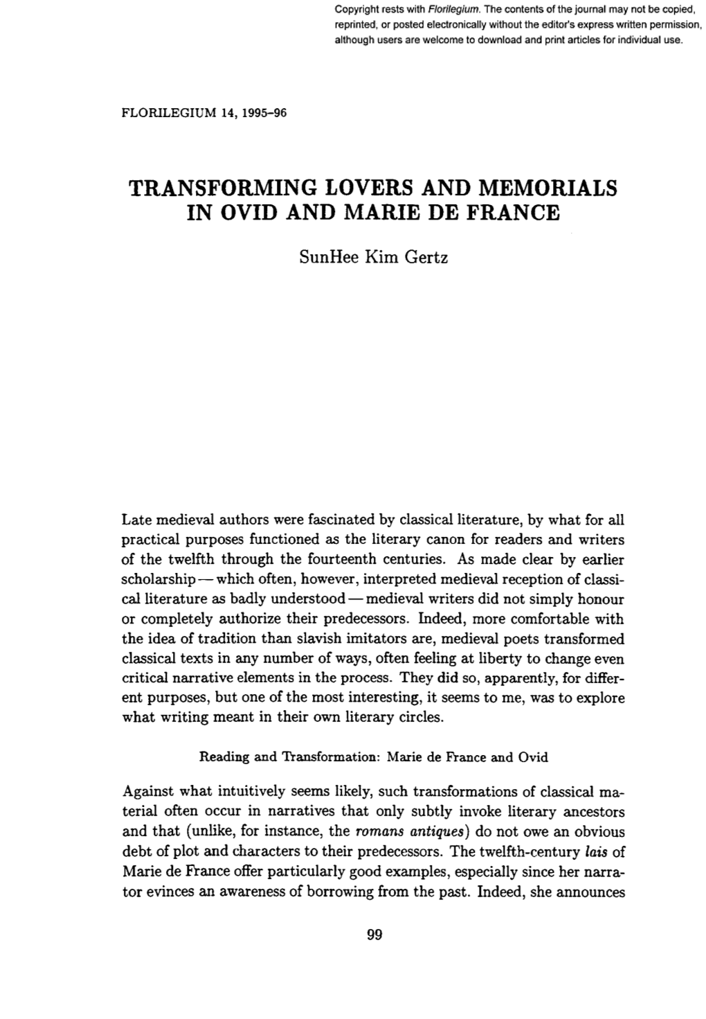 Transforming Lovers and Memorials in Ovid and Marie De France