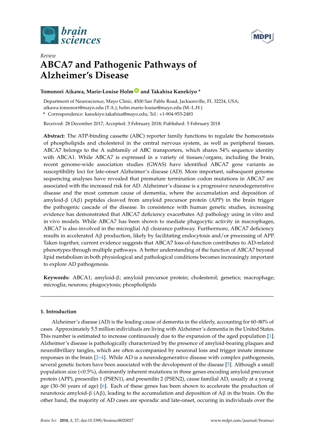 ABCA7 and Pathogenic Pathways of Alzheimer's Disease