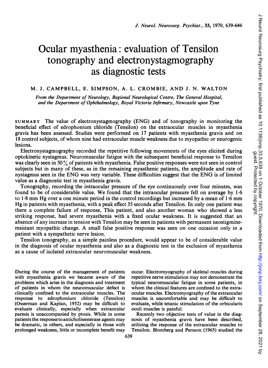 Ocular Myasthenia: Evaluationof Tensilon Tonography And