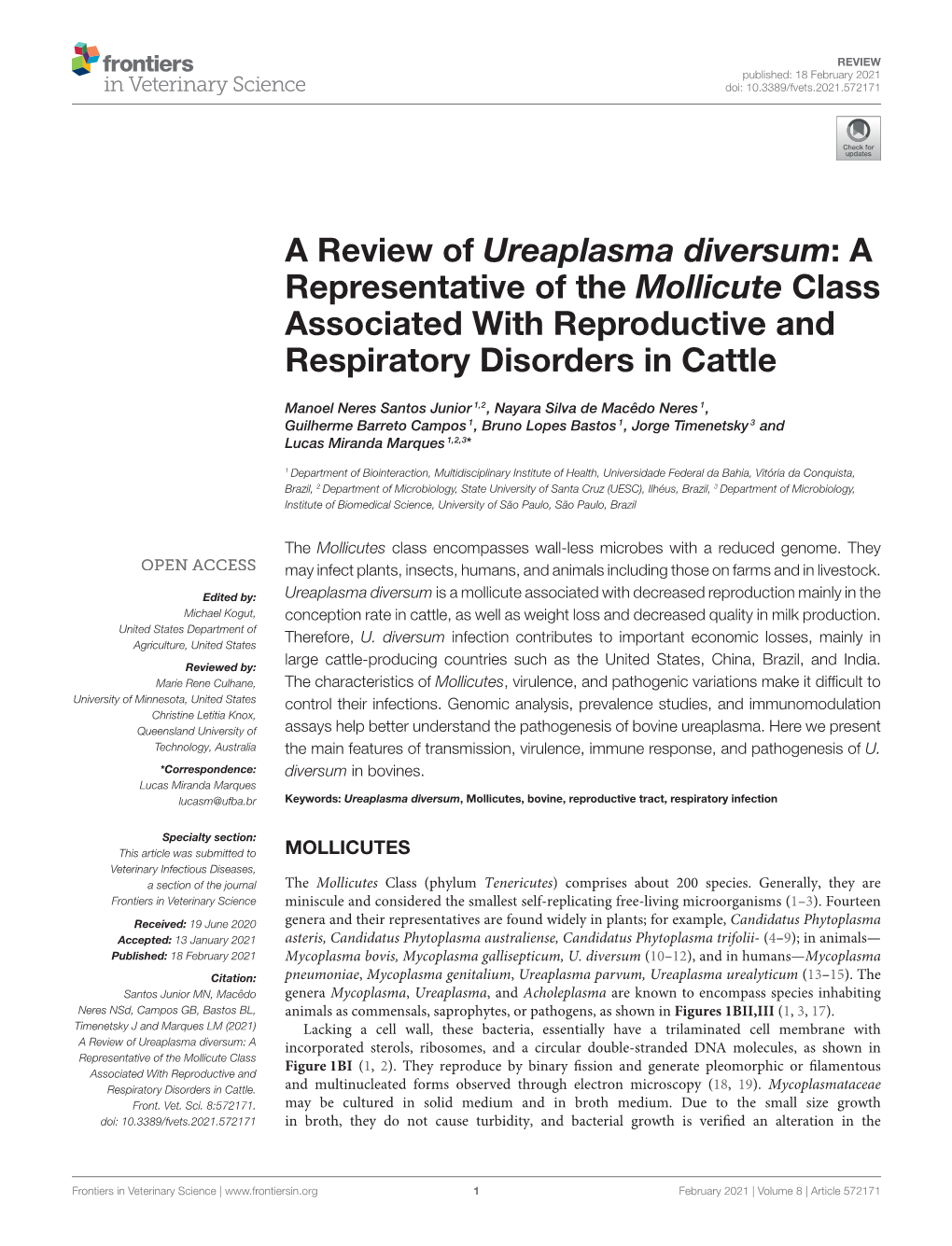 A Review of Ureaplasma Diversum: a Representative of the Mollicute Class Associated with Reproductive and Respiratory Disorders in Cattle