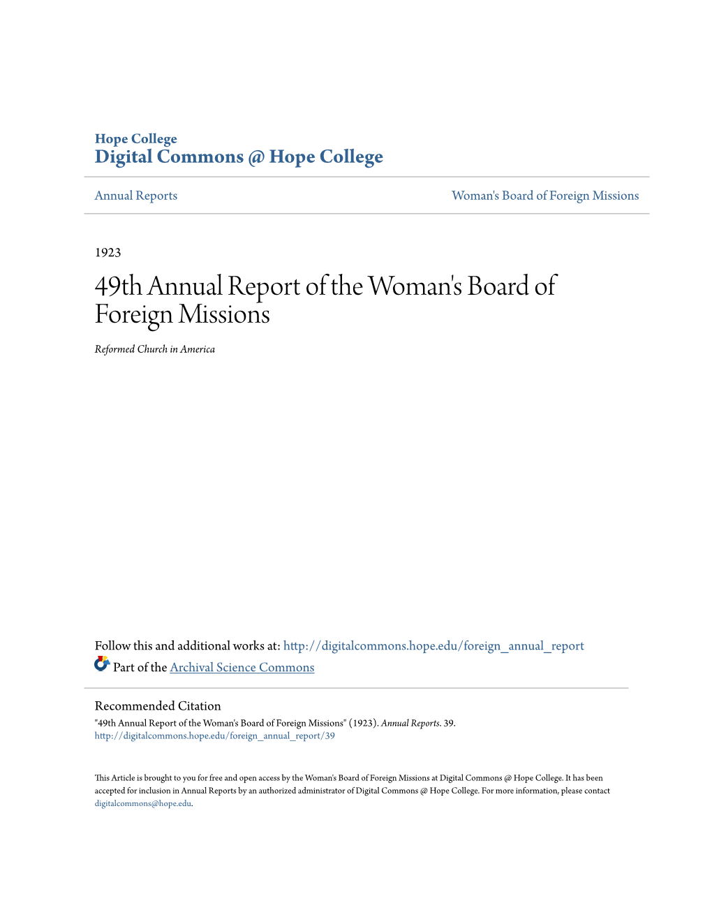 49Th Annual Report of the Woman's Board of Foreign Missions