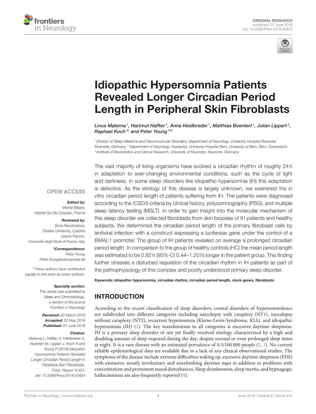 Idiopathic Hypersomnia Patients Revealed Longer Circadian Period Length in Peripheral Skin Fibroblasts