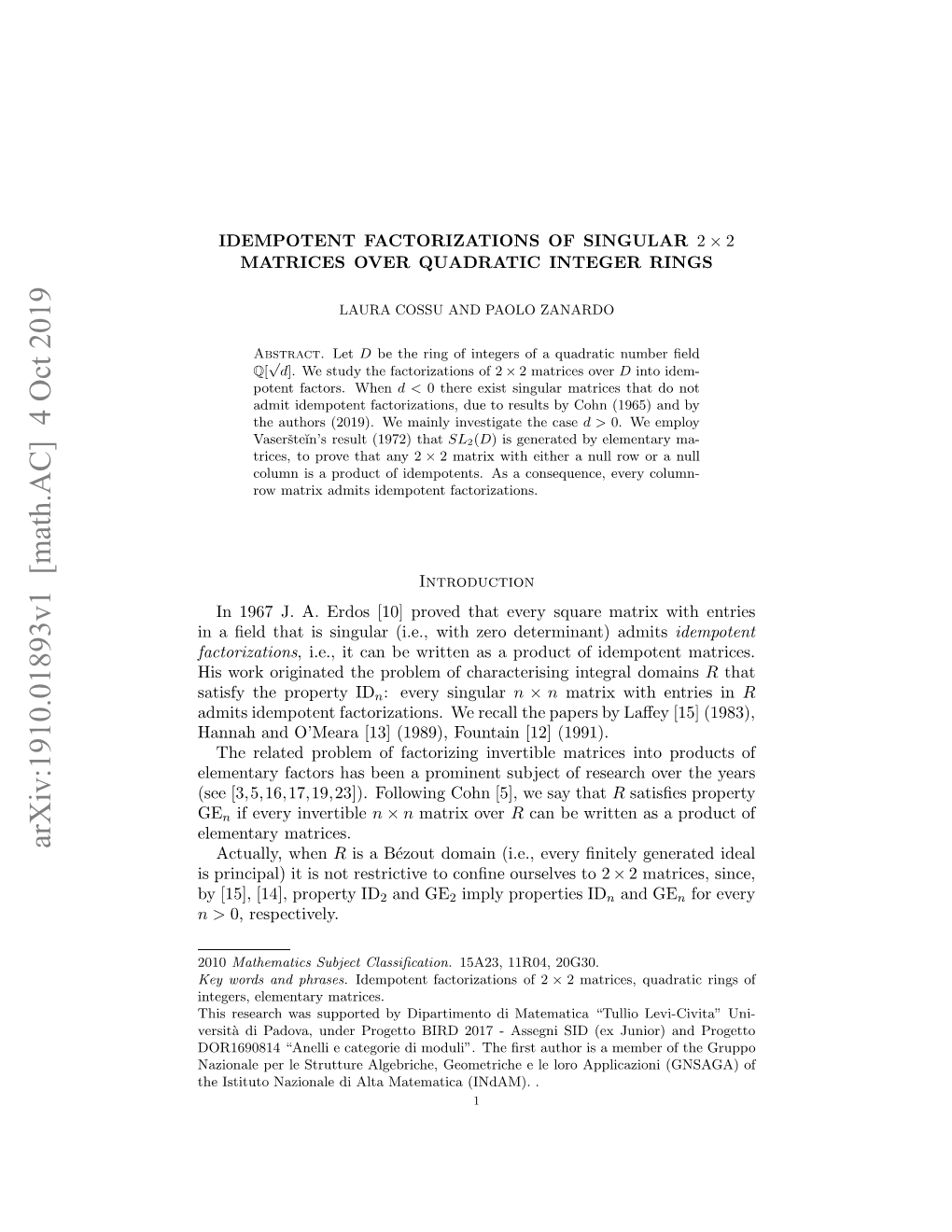 Idempotent Factorizations of Singular $2\Times 2$ Matrices Over Quadratic