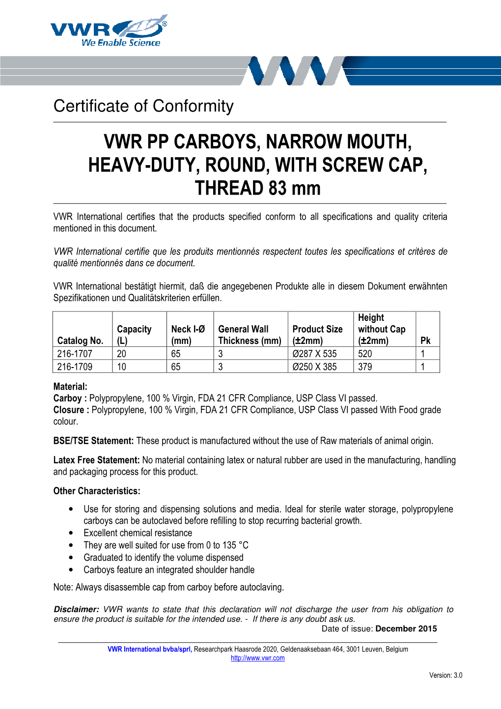 Vwr Pp Carboys, Na Heavy-Duty, Round, W