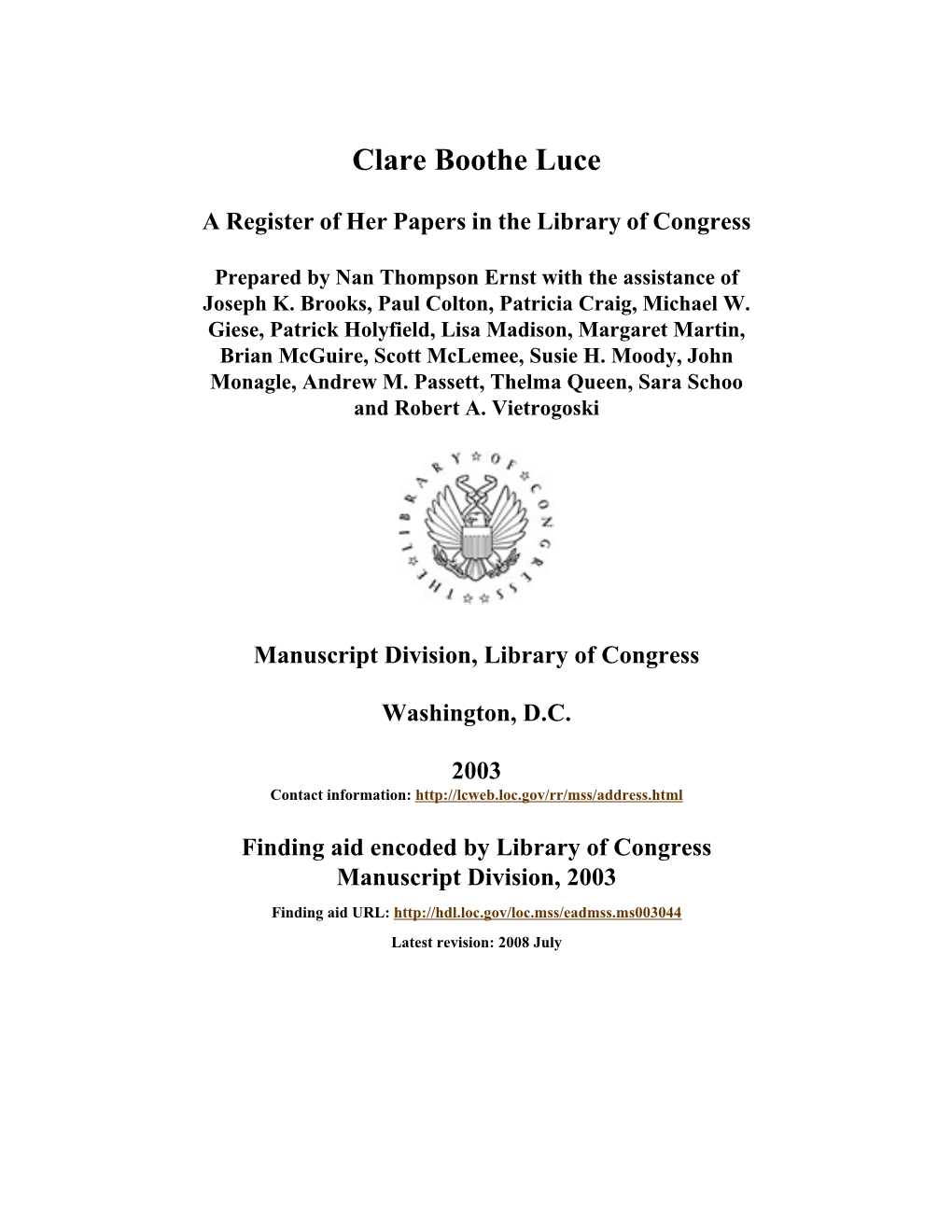 Papers of Clare Boothe Luce [Finding Aid]. Library of Congress. [PDF