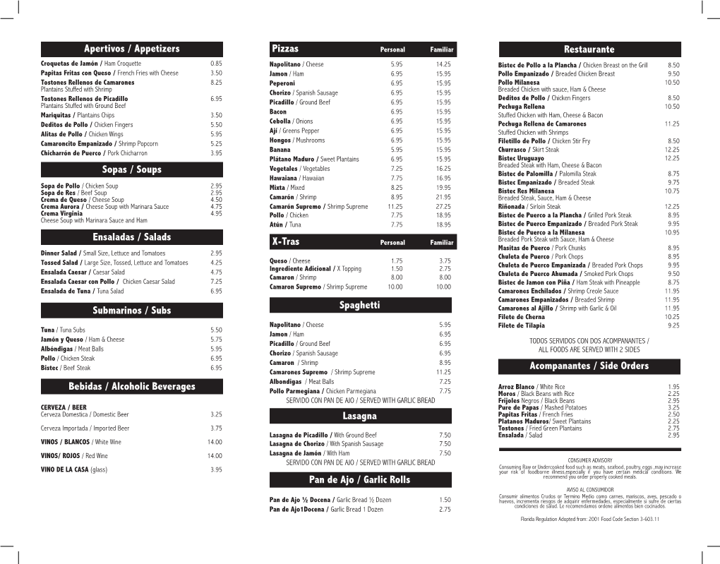 Sopas / Soups Spaghetti Acompanantes / Side Orders