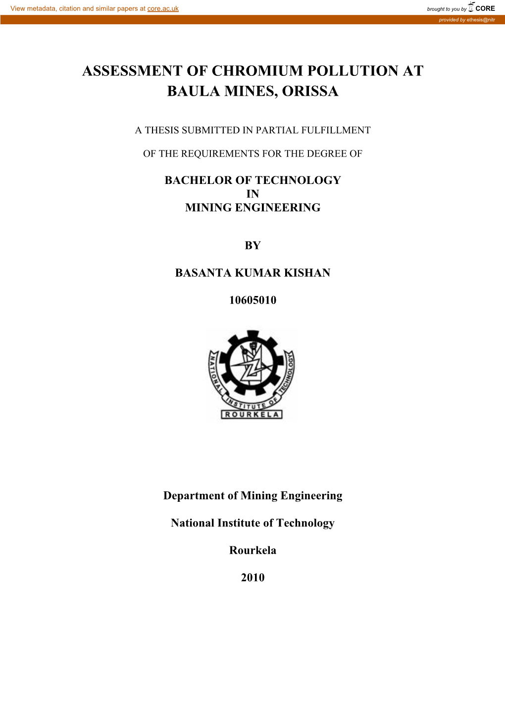 Assessment of Chromium Pollution at Baula Mines, Orissa