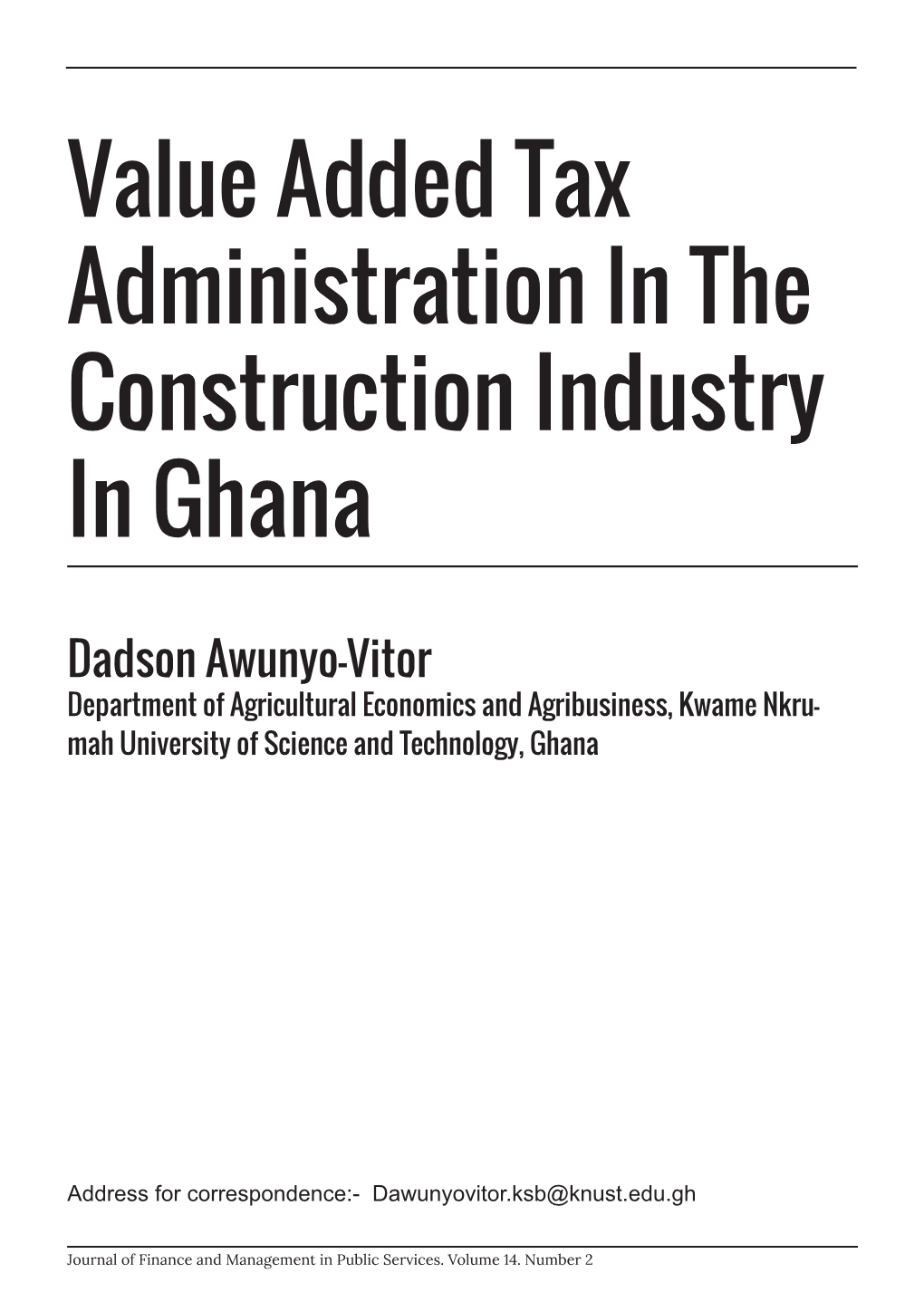 Value Added Tax Administration in the Construction Industry in Ghana