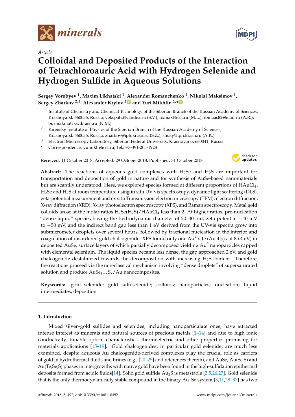 Colloidal and Deposited Products of the Interaction of Tetrachloroauric Acid with Hydrogen Selenide and Hydrogen Sulﬁde in Aqueous Solutions