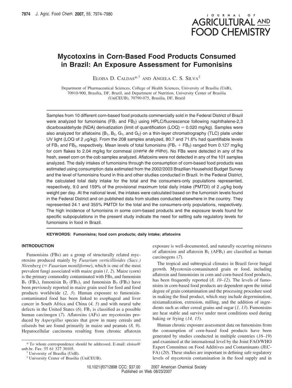 Mycotoxins in Corn-Based Food Products Consumed in Brazil: an Exposure Assessment for Fumonisins