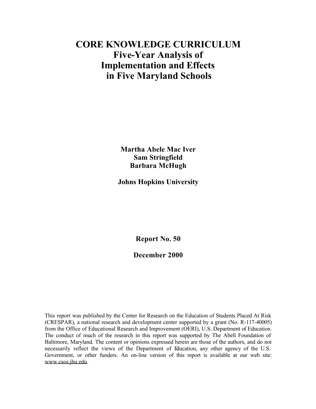 Five-Year Analysis of Implementation and Effects in Five Maryland Schools