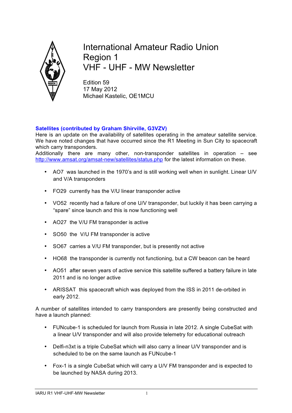 International Amateur Radio Union Region 1 VHF - UHF - MW Newsletter