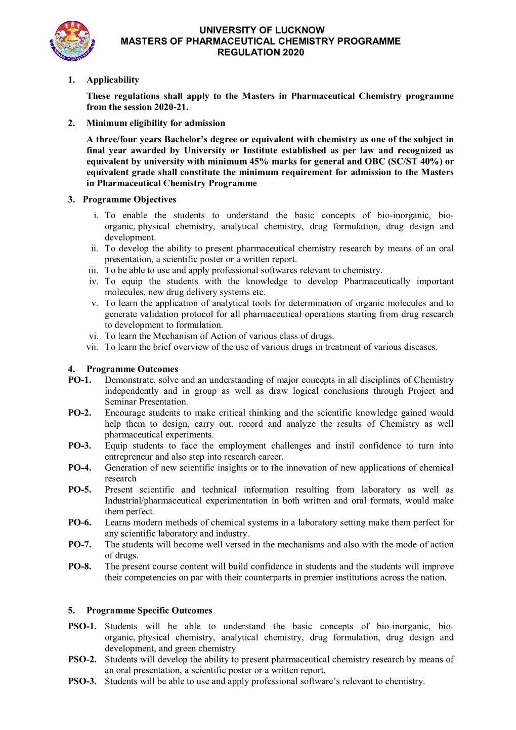 University of Lucknow Masters of Pharmaceutical Chemistry Programme Regulation 2020