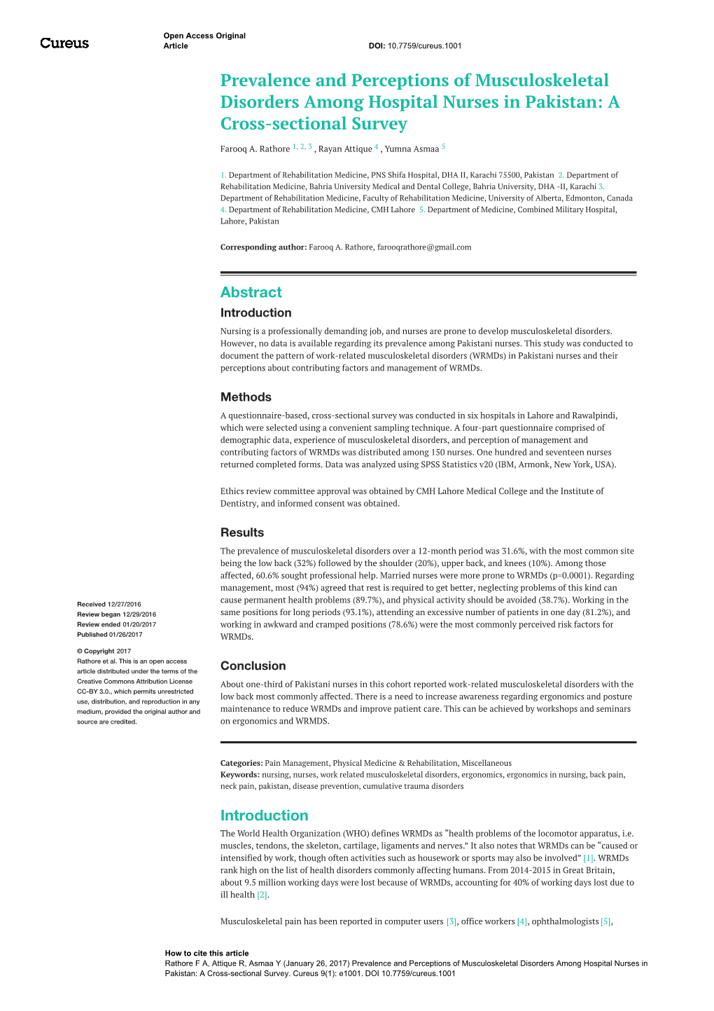 Prevalence and Perceptions of Musculoskeletal Disorders Among Hospital Nurses in Pakistan: a Cross-Sectional Survey