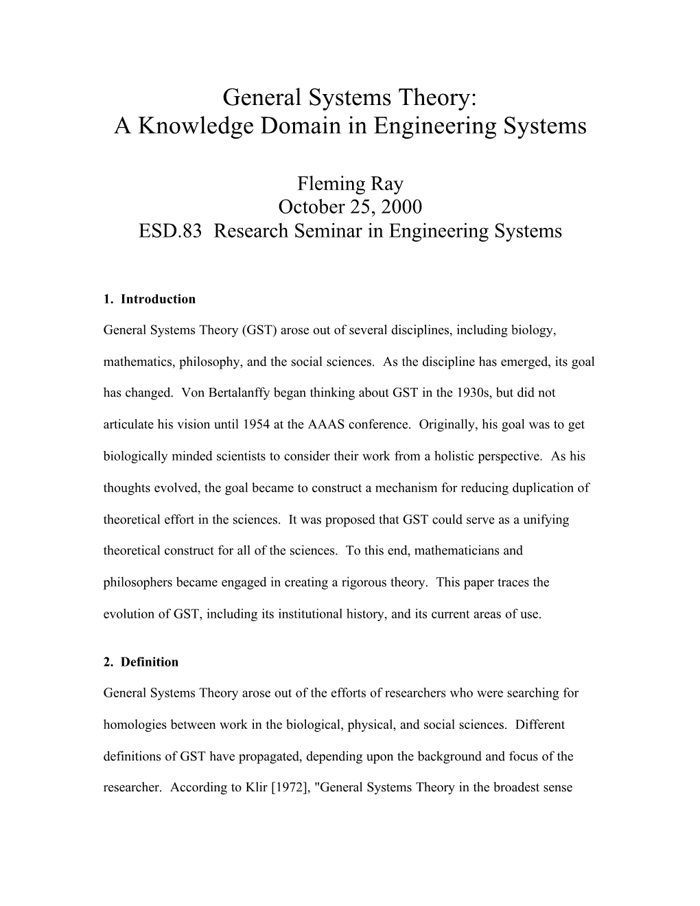 General Systems Theory: a Knowledge Domain in Engineering Systems