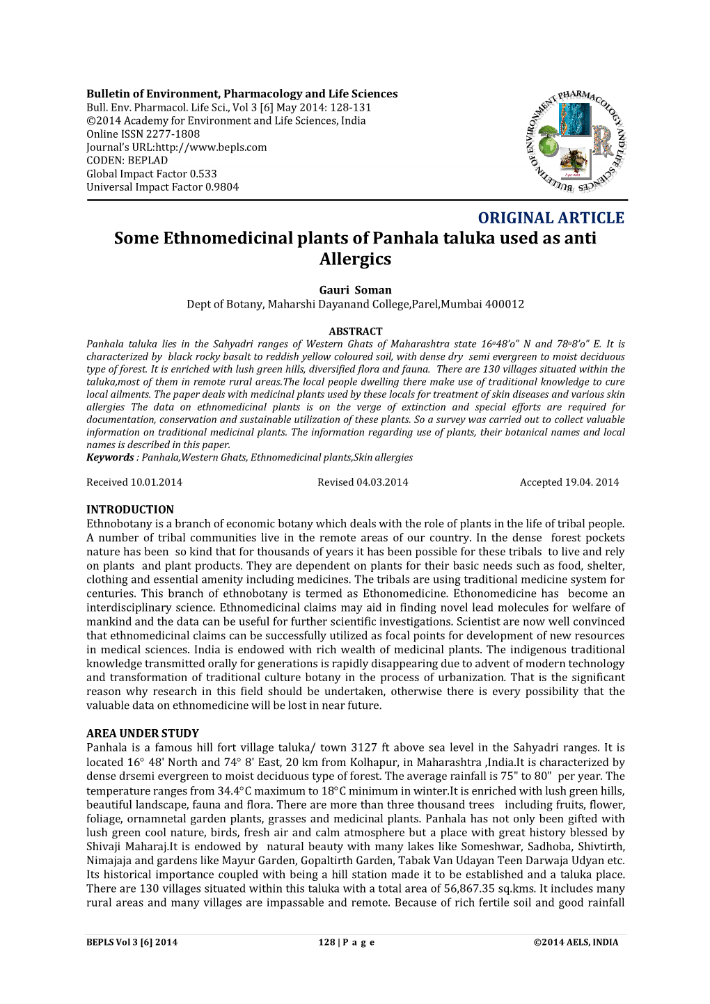 Some Ethnomedicinal Plants of Panhala Taluka Used As Anti Allergics