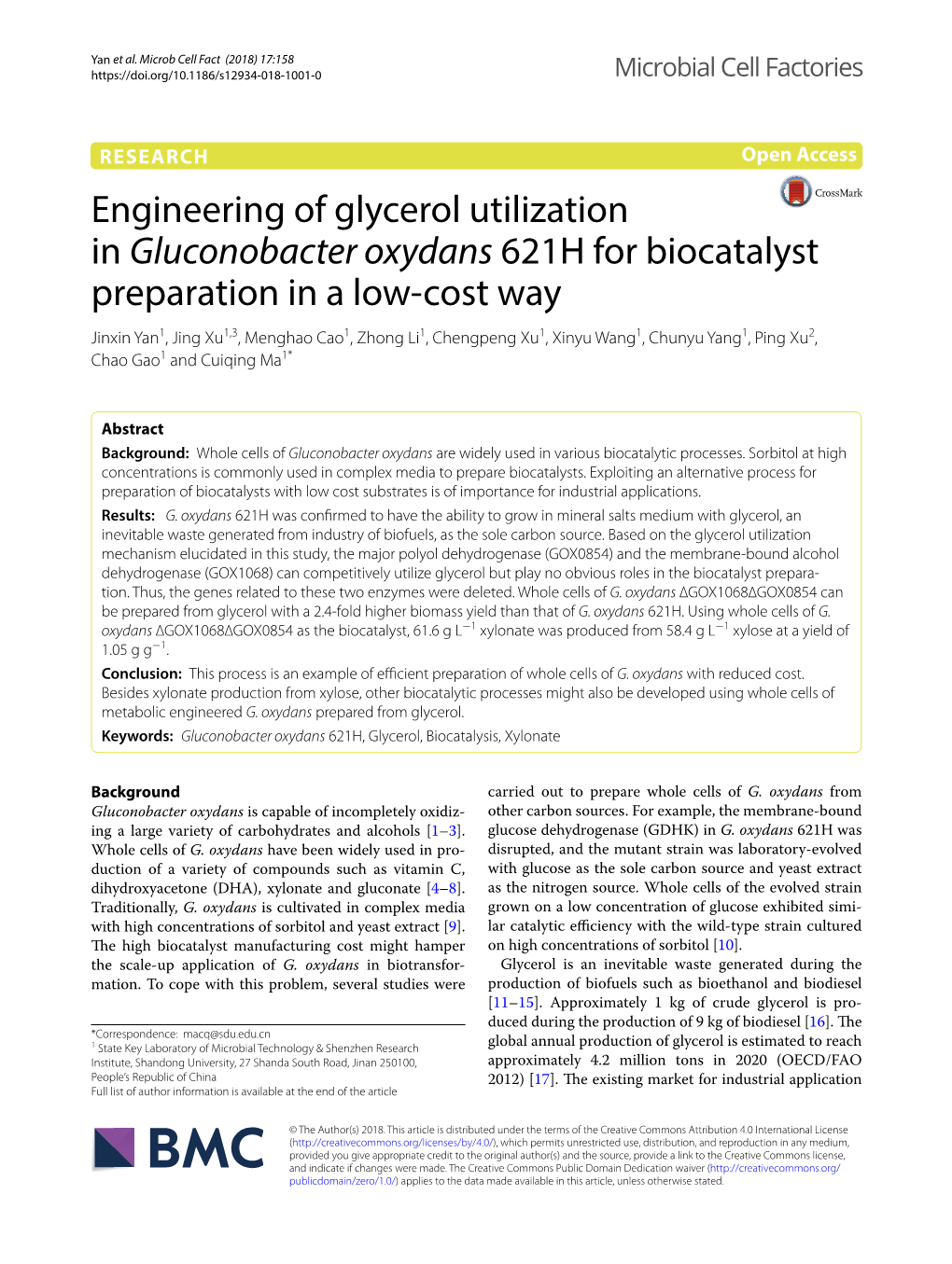 Engineering of Glycerol Utilization in Gluconobacter Oxydans 621H For