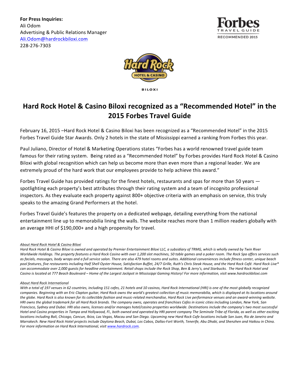 Hard Rock Hotel & Casino Biloxi Recognized As a “Recommended Hotel” In