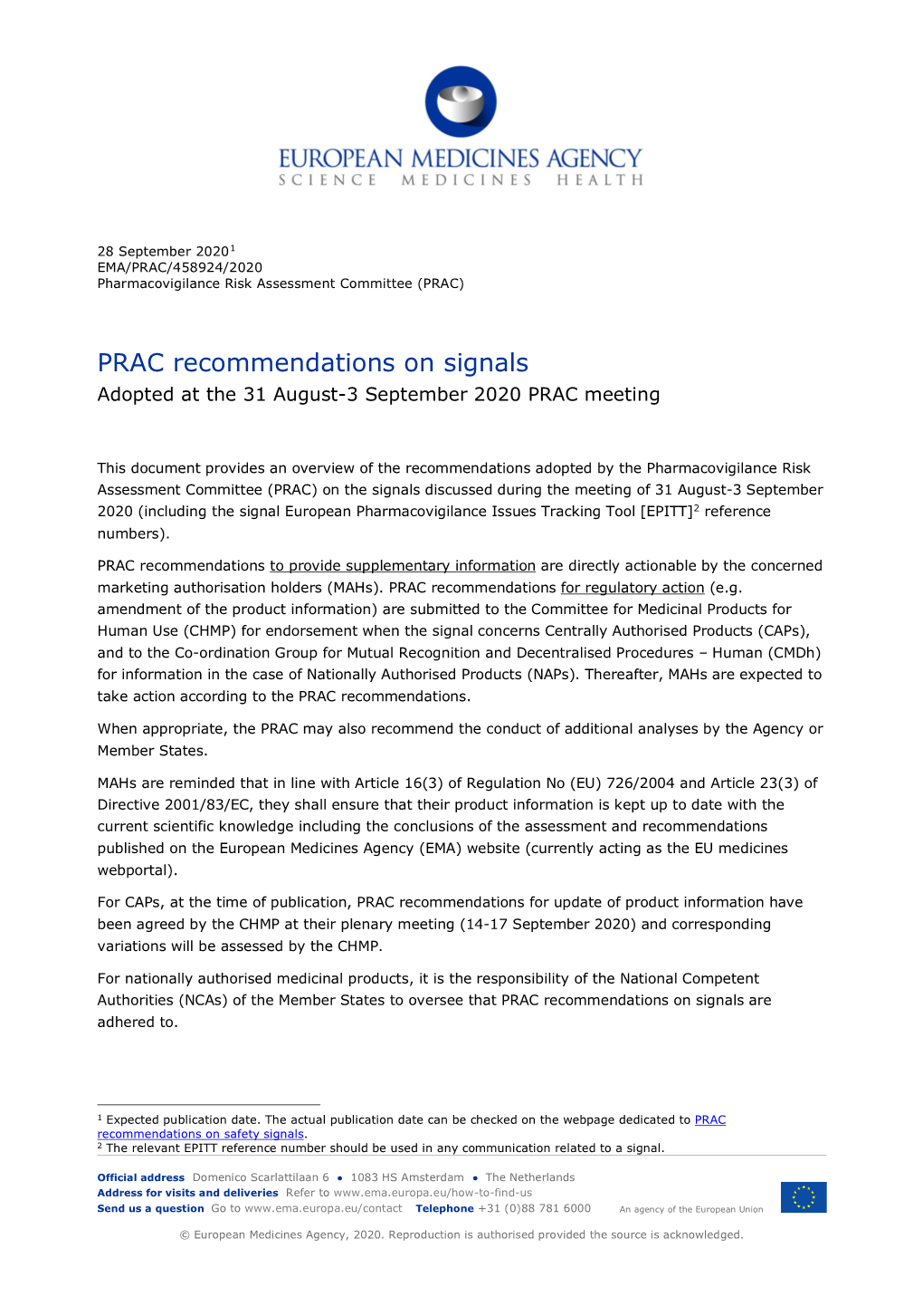 PRAC Recommendations on Signals Adopted at the 31 Aug-3 Sep 2020