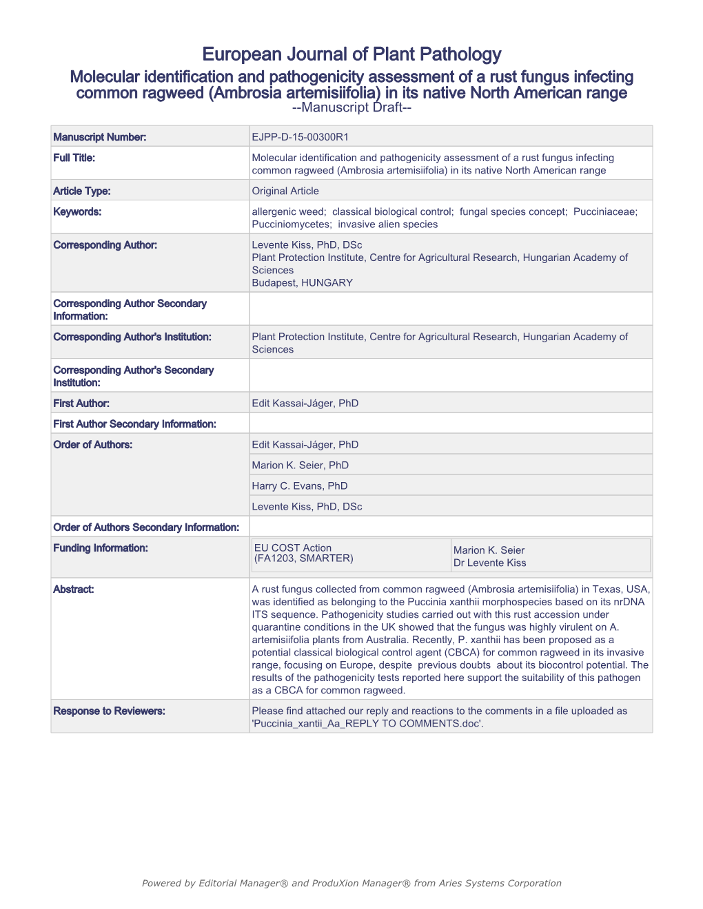 European Journal of Plant Pathology