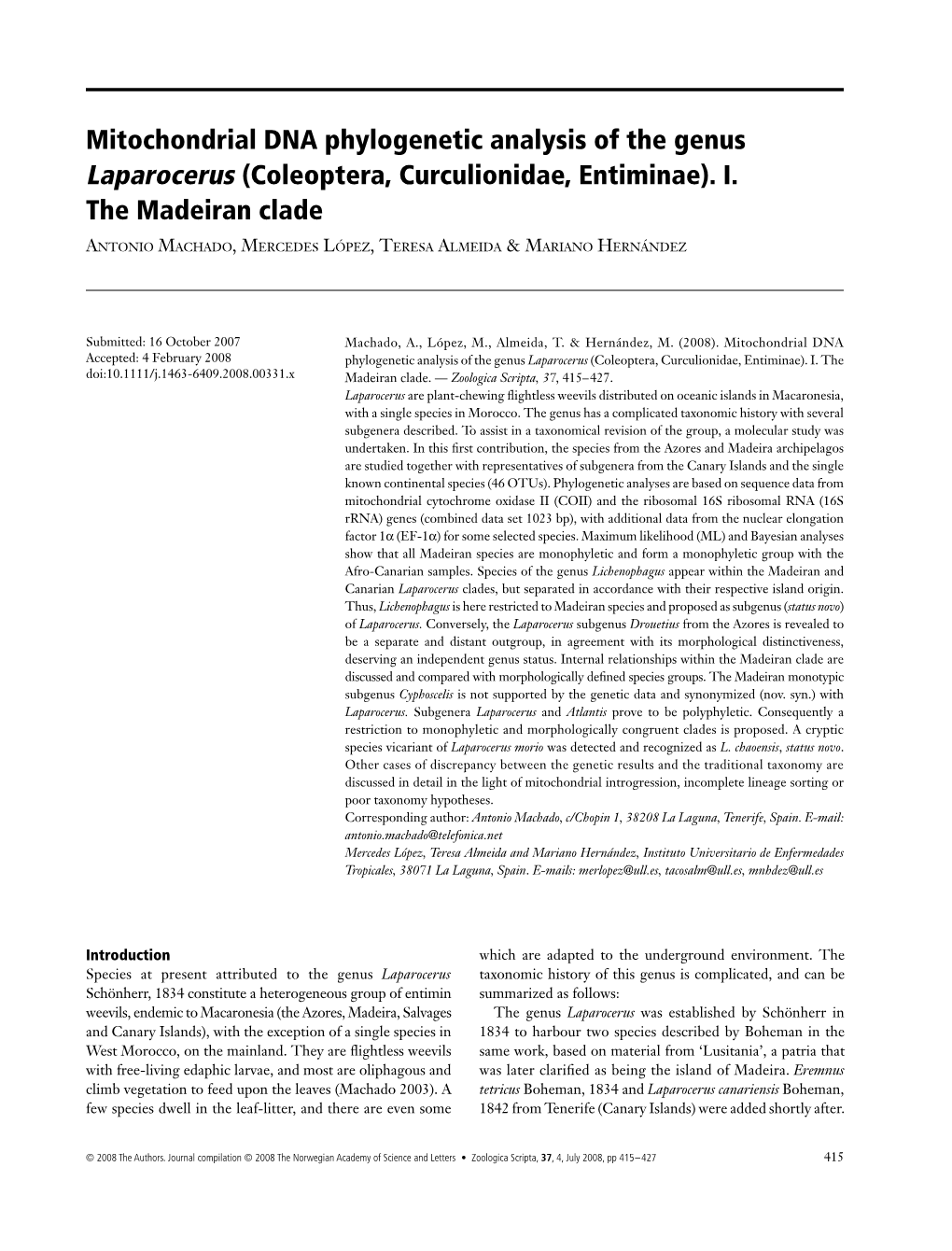 Mitochondrial DNA Phylogenetic Analysis of the Genus Laparocerus