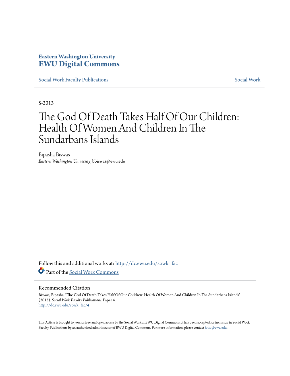 Health of Women and Children in the Sundarbans Islands Bipasha Biswas Eastern Washington University, Bbiswas@Ewu.Edu