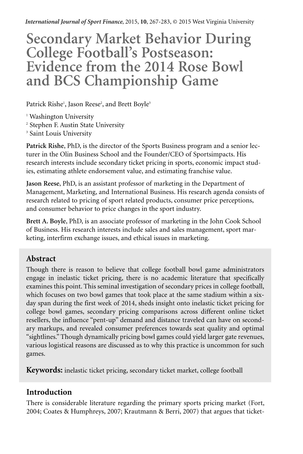 Secondary Market Behavior During College Football’S Postseason: Evidence from the 2014 Rose Bowl and BCS Championship Game