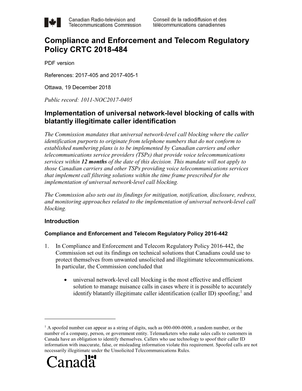 Implementation of Universal Network-Level Blocking of Calls with Blatantly Illegitimate Caller Identification