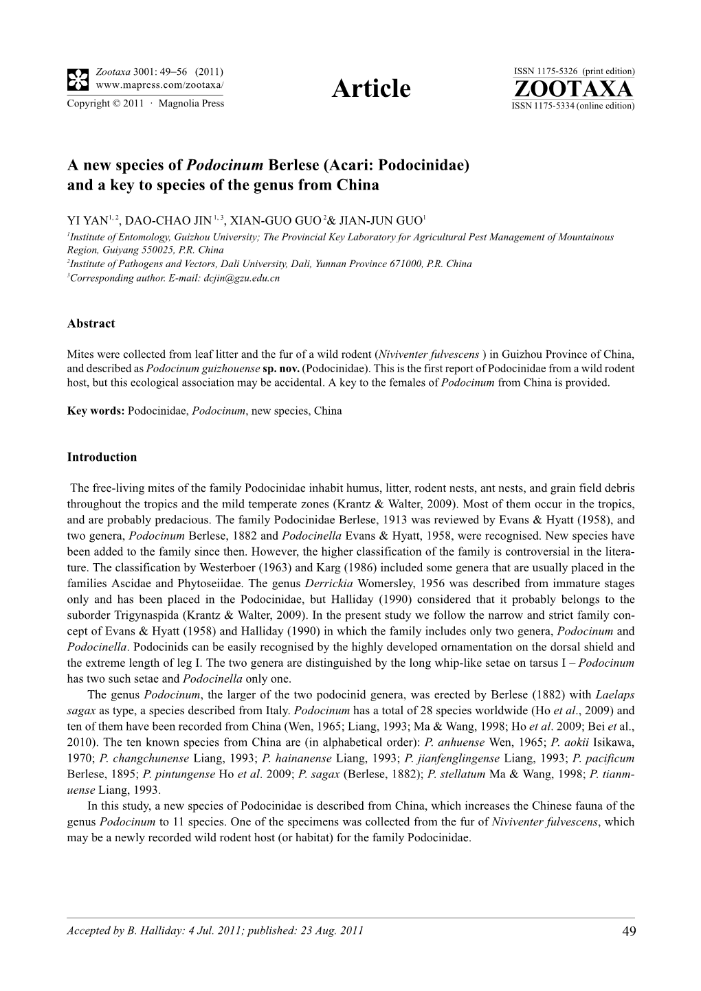 A New Species of Podocinum Berlese (Acari: Podocinidae) and a Key to Species of the Genus from China