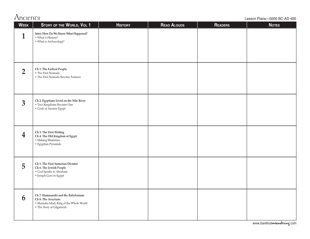 Ancients Lesson Plans—5000 BC-AD 400 WEEK STORY of the WORLD, VOL 1 HISTORY READ ALOUDS READERS NOTES