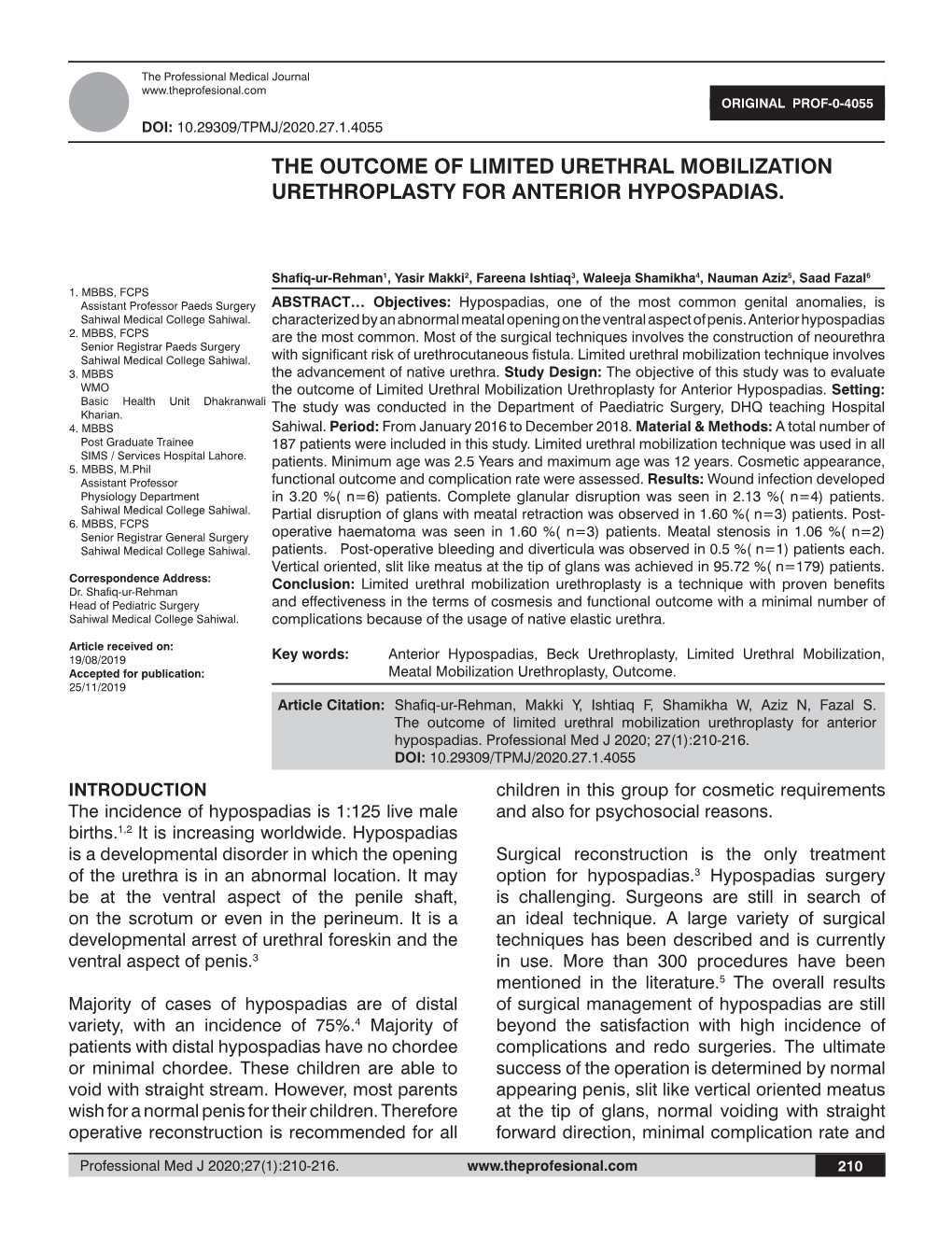 The Outcome of Limited Urethral Mobilization Urethroplasty for Anterior Hypospadias