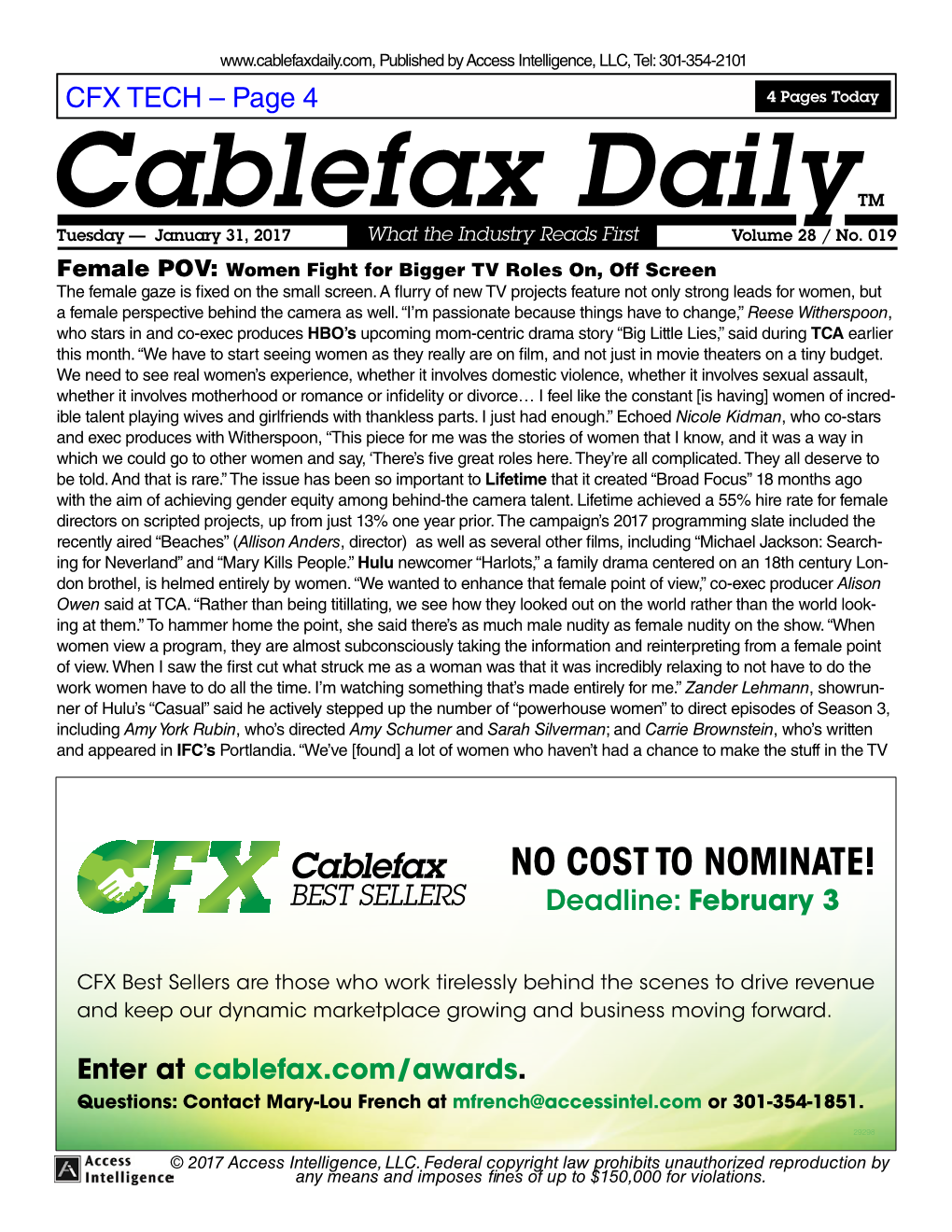 Cablefax Dailytm Tuesday — January 31, 2017 What the Industry Reads First Volume 28 / No