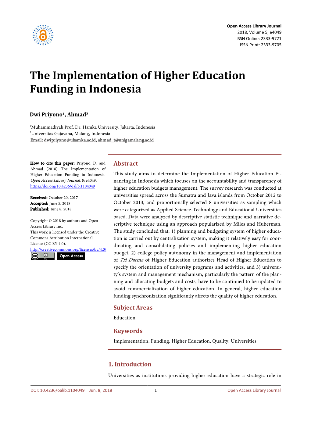 The Implementation of Higher Education Funding in Indonesia