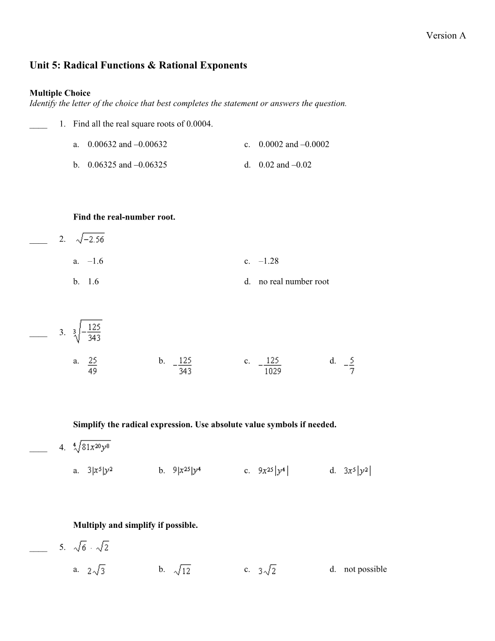 Unit 5: Radical Functions & Rational Exponents